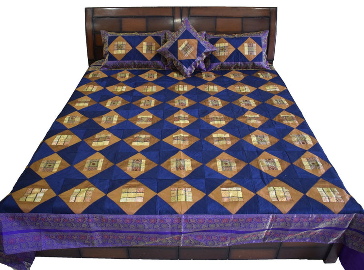 Banarasi Bed Cover Set Indian Ethnic Traditional Woven Patch Work Brocade Blue