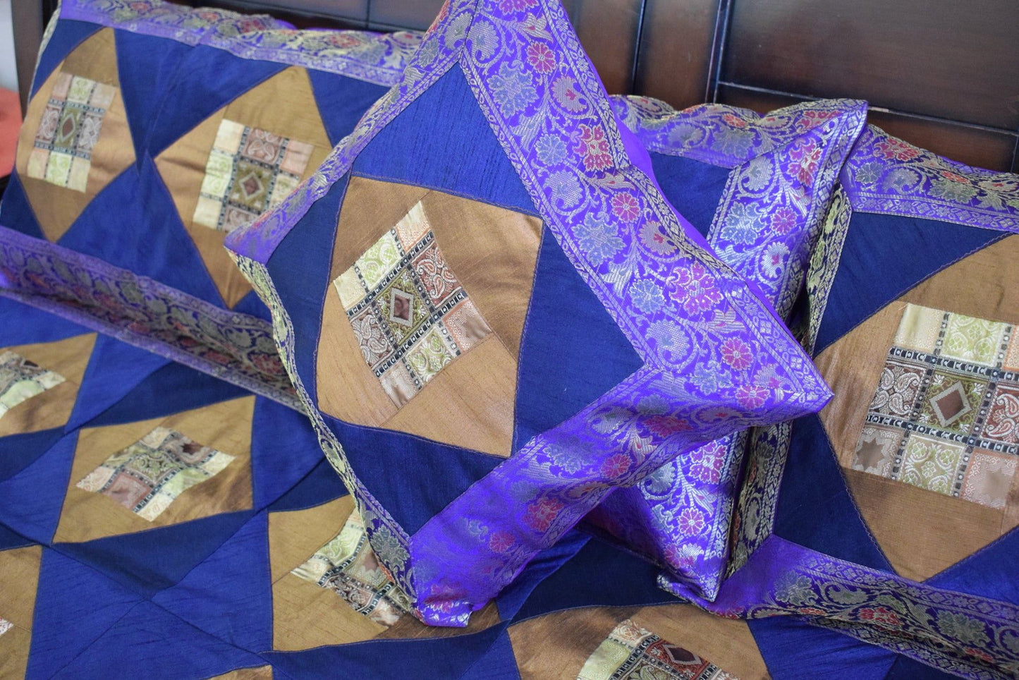 Banarasi Bed Cover Set Indian Ethnic Traditional Woven Patch Work Brocade Blue