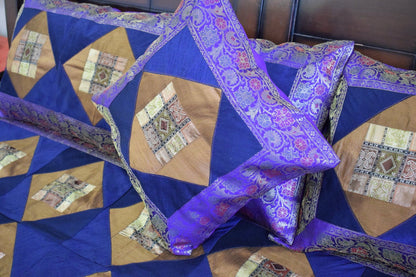 Banarasi Bed Cover Set Indian Ethnic Traditional Woven Patch Work Brocade Blue