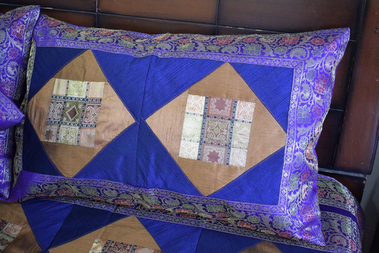 Banarasi Bed Cover Set Indian Ethnic Traditional Woven Patch Work Brocade Blue