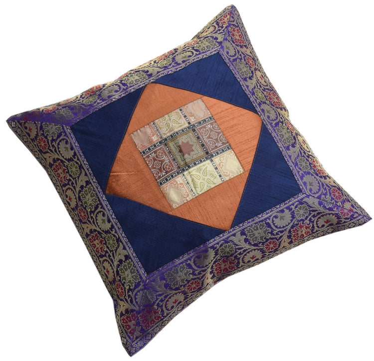 Banarasi Bed Cover Set Indian Ethnic Traditional Woven Patch Work Brocade Blue