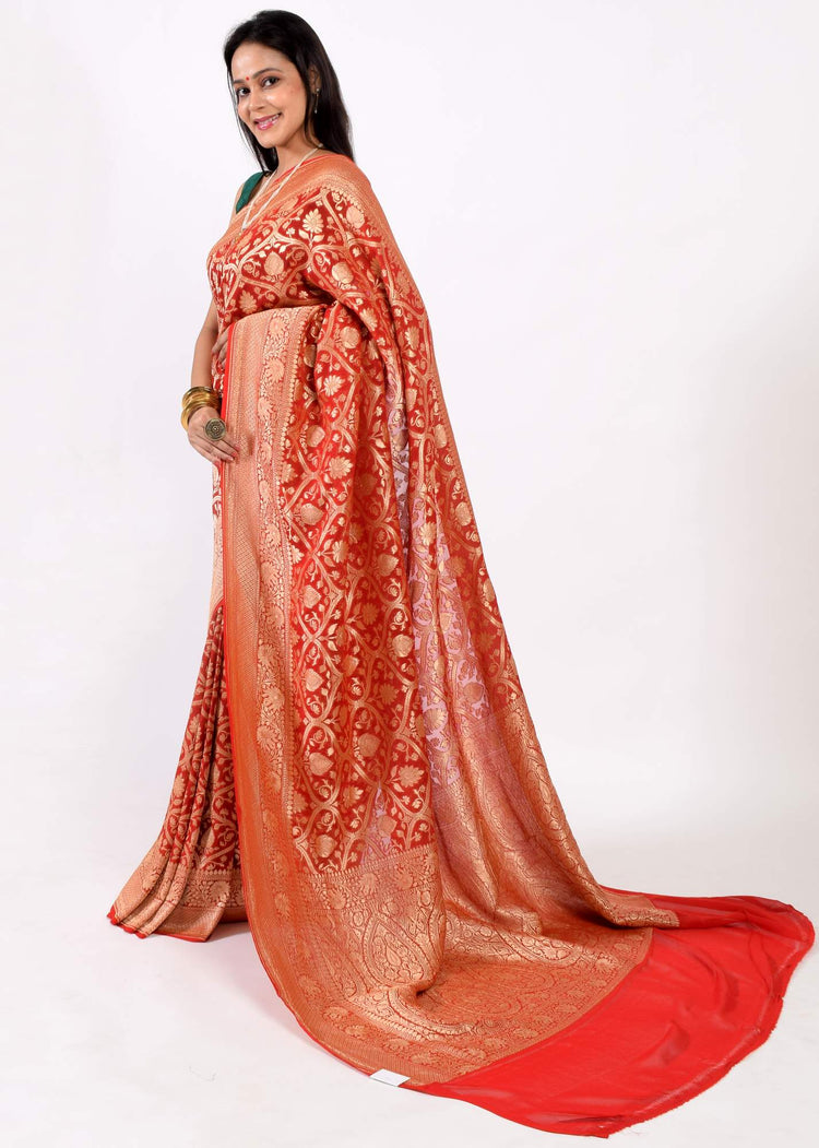 Dark Red Pure Khaddi Georgette Silk Banarasi Handloom Woven Zari Zaal Saree