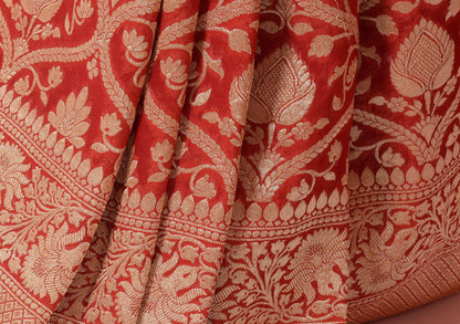 Dark Red Pure Khaddi Georgette Silk Banarasi Handloom Woven Zari Zaal Saree