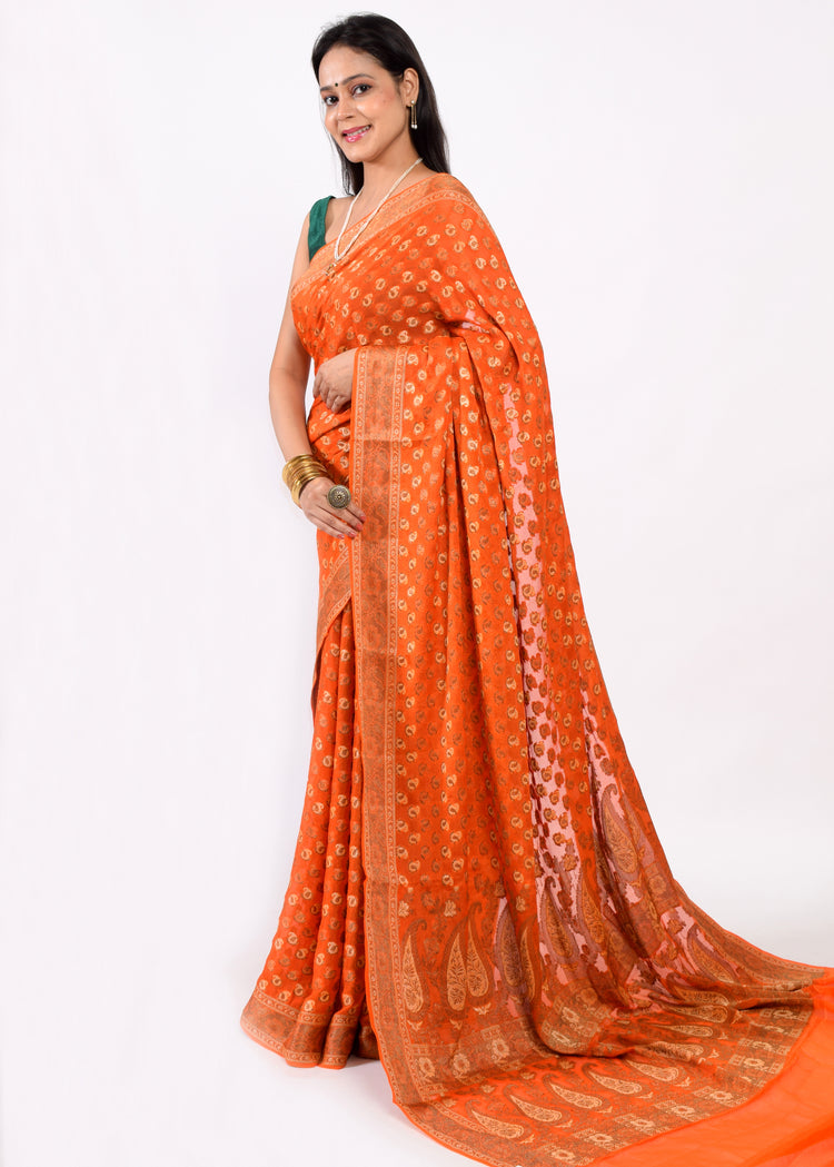 Orange Pure Khaddi Chiffon Silk Banarasi Handloom Zari Woven Motifs Saree Fabric