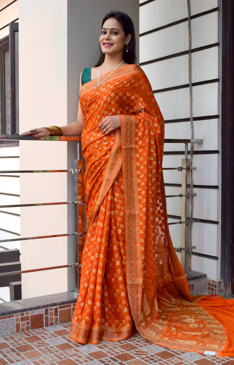 Orange Pure Khaddi Chiffon Silk Banarasi Handloom Zari Woven Motifs Saree Fabric