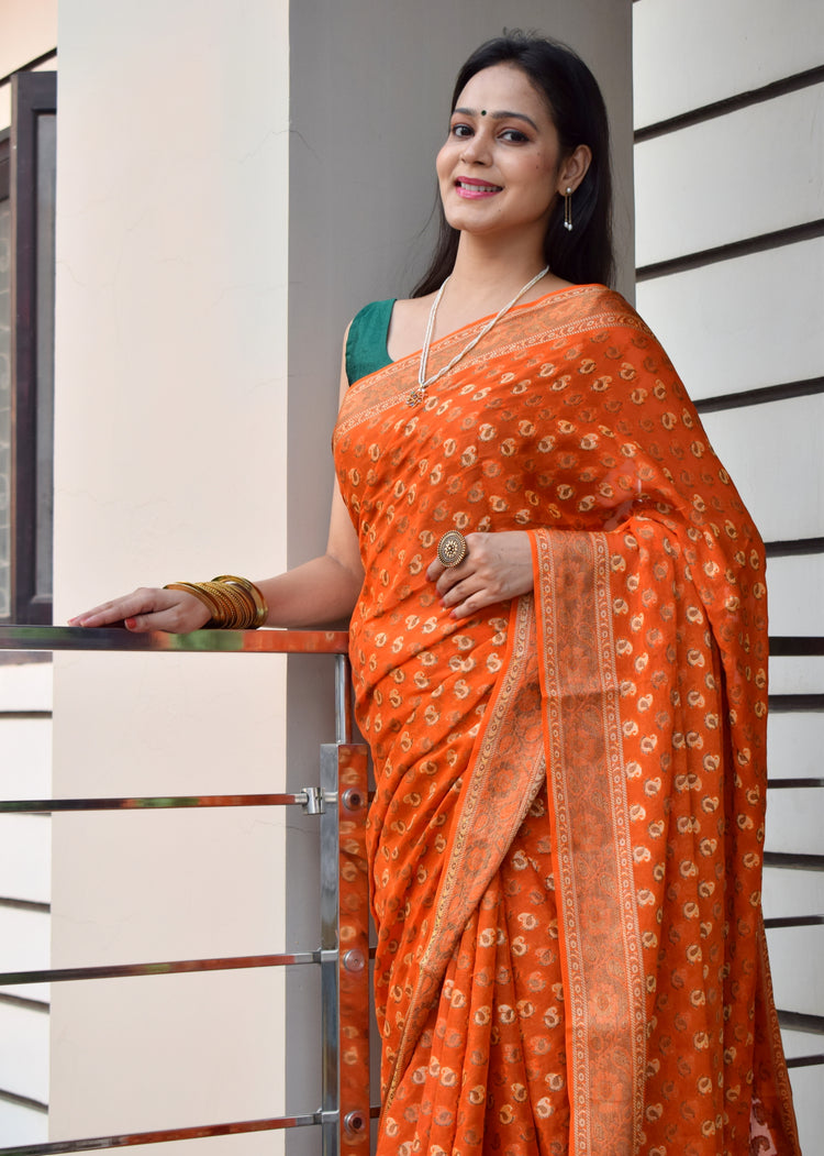 Orange Pure Khaddi Chiffon Silk Banarasi Handloom Zari Woven Motifs Saree Fabric