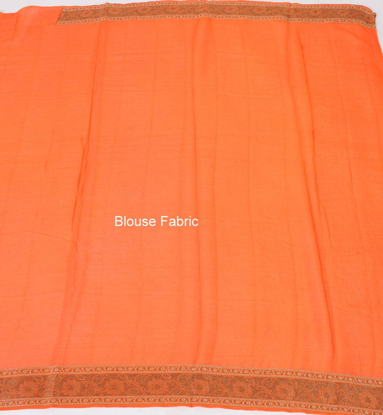 Orange Pure Khaddi Chiffon Silk Banarasi Handloom Zari Woven Motifs Saree Fabric