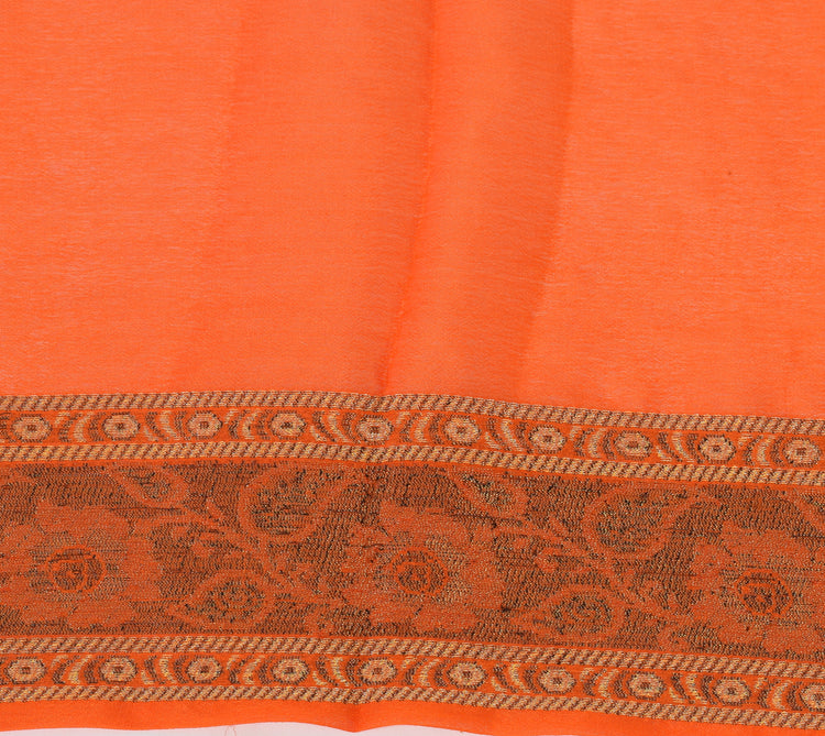 Orange Pure Khaddi Chiffon Silk Banarasi Handloom Zari Woven Motifs Saree Fabric