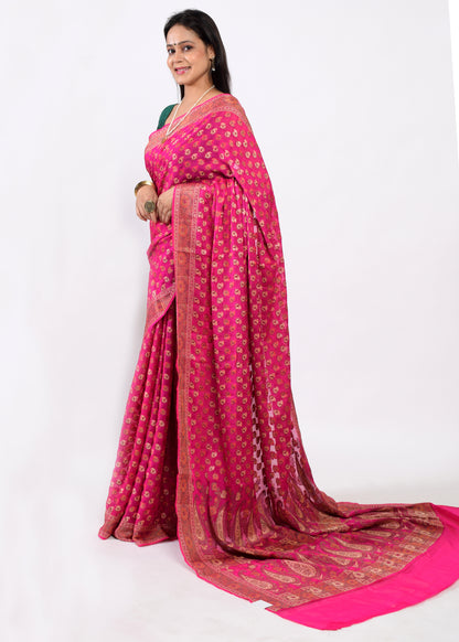 Magenta Pure Khaddi Chiffon Silk Banarasi Handloom Zari Woven Motifs Sari Fabric