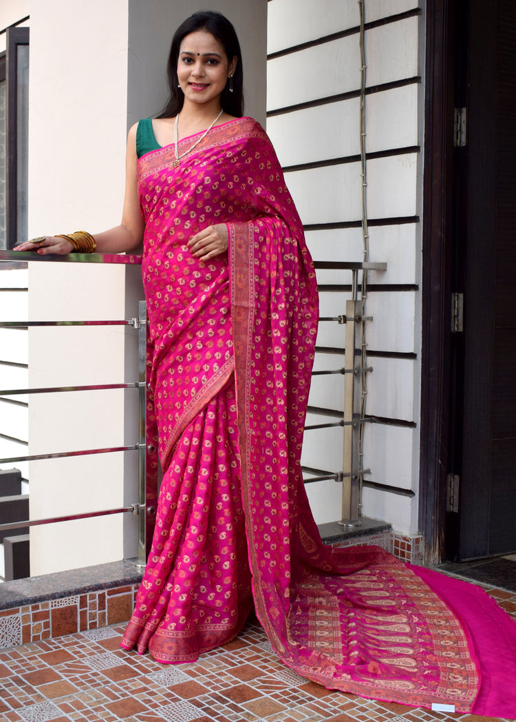 Magenta Pure Khaddi Chiffon Silk Banarasi Handloom Zari Woven Motifs Sari Fabric