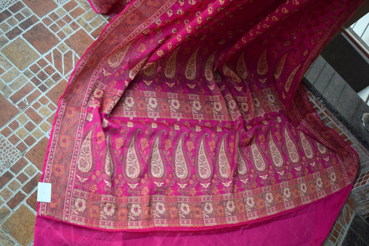 Magenta Pure Khaddi Chiffon Silk Banarasi Handloom Zari Woven Motifs Sari Fabric