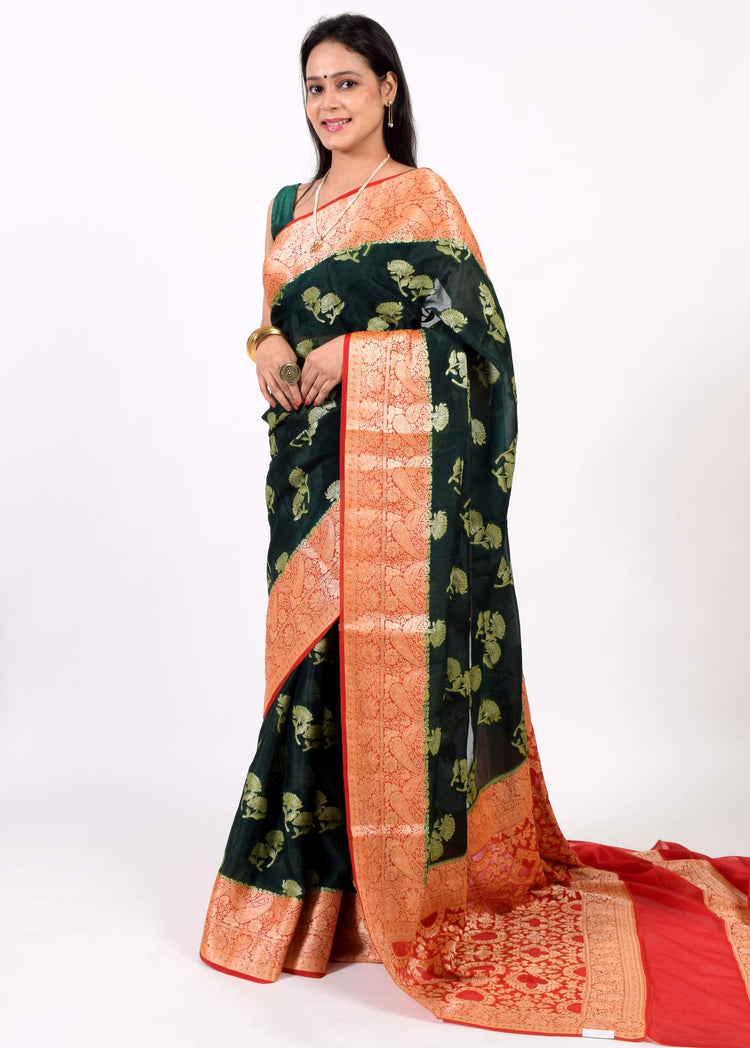 Dark Green Pure Khaddi Chiffon Silk Banarasi Handloom Premium Saree Fabric