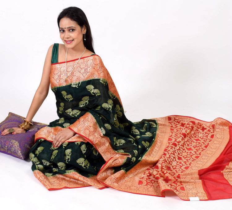 Dark Green Pure Khaddi Chiffon Silk Banarasi Handloom Premium Saree Fabric