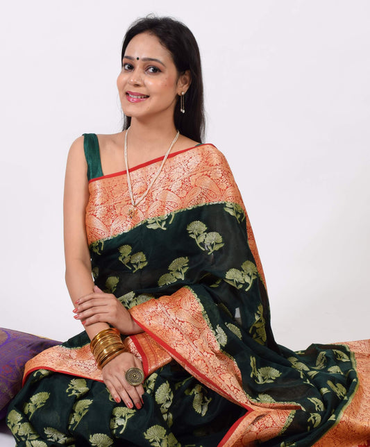 Dark Green Pure Khaddi Chiffon Silk Banarasi Handloom Premium Saree Fabric