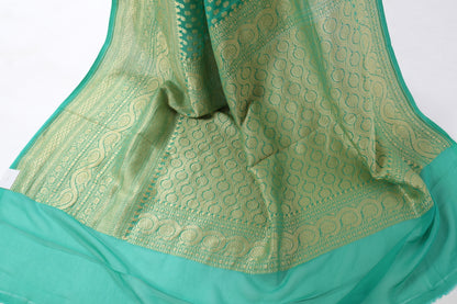 Aqua Green Pure Khaddi Georgette Silk Banarasi Handloom Skirt Border Saree Woven