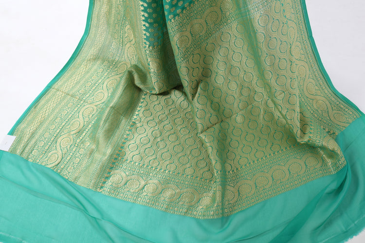 Aqua Green Pure Khaddi Georgette Silk Banarasi Handloom Skirt Border Saree Woven