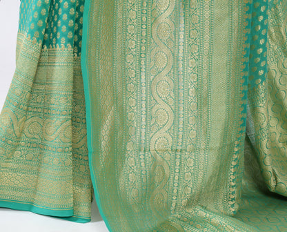 Aqua Green Pure Khaddi Georgette Silk Banarasi Handloom Skirt Border Saree Woven