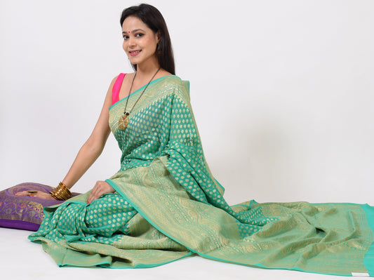 Aqua Green Pure Khaddi Georgette Silk Banarasi Handloom Skirt Border Saree Woven