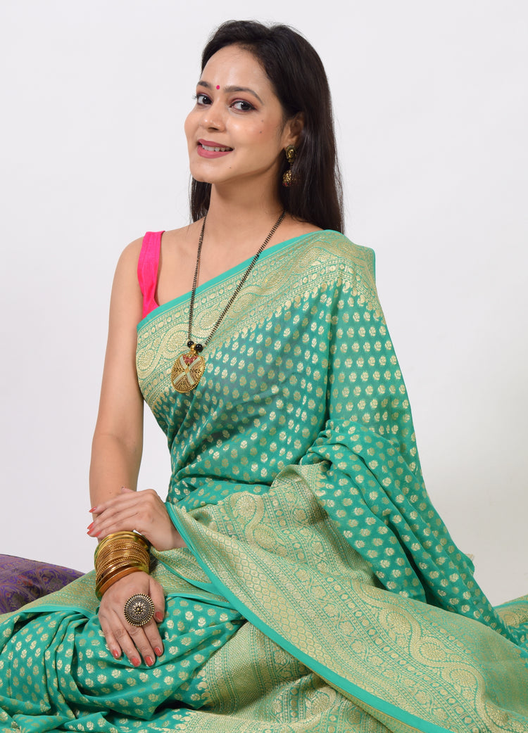 Aqua Green Pure Khaddi Georgette Silk Banarasi Handloom Skirt Border Saree Woven
