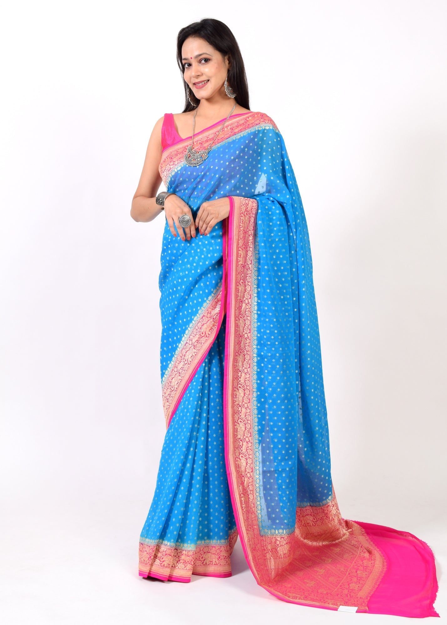 Turquoise Blue Pure Khaddi Georgette Silk Banarasi Handloom Woven Saree Fabric