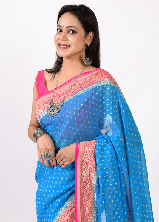 Turquoise Blue Pure Khaddi Georgette Silk Banarasi Handloom Woven Saree Fabric