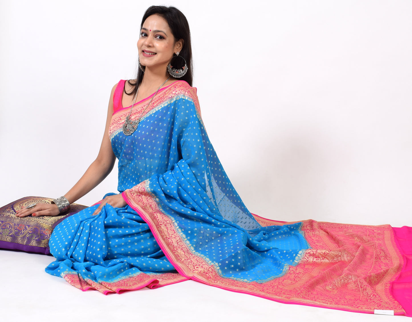 Turquoise Blue Pure Khaddi Georgette Silk Banarasi Handloom Woven Saree Fabric