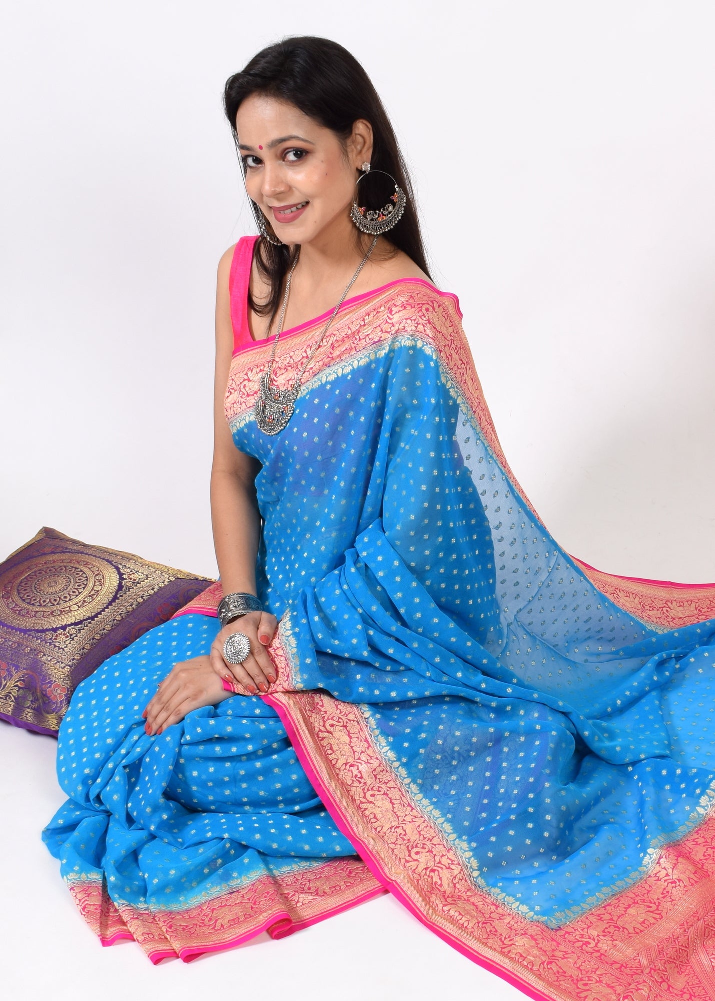 Turquoise Blue Pure Khaddi Georgette Silk Banarasi Handloom Woven Saree Fabric