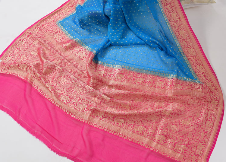 Turquoise Blue Pure Khaddi Georgette Silk Banarasi Handloom Woven Saree Fabric