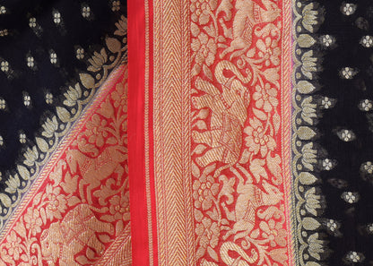 Blackish Blue Pure Khaddi Georgette Silk Banarasi Handloom Zari Woven Saree