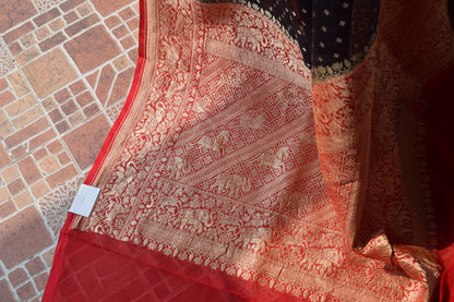 Blackish Blue Pure Khaddi Georgette Silk Banarasi Handloom Zari Woven Saree