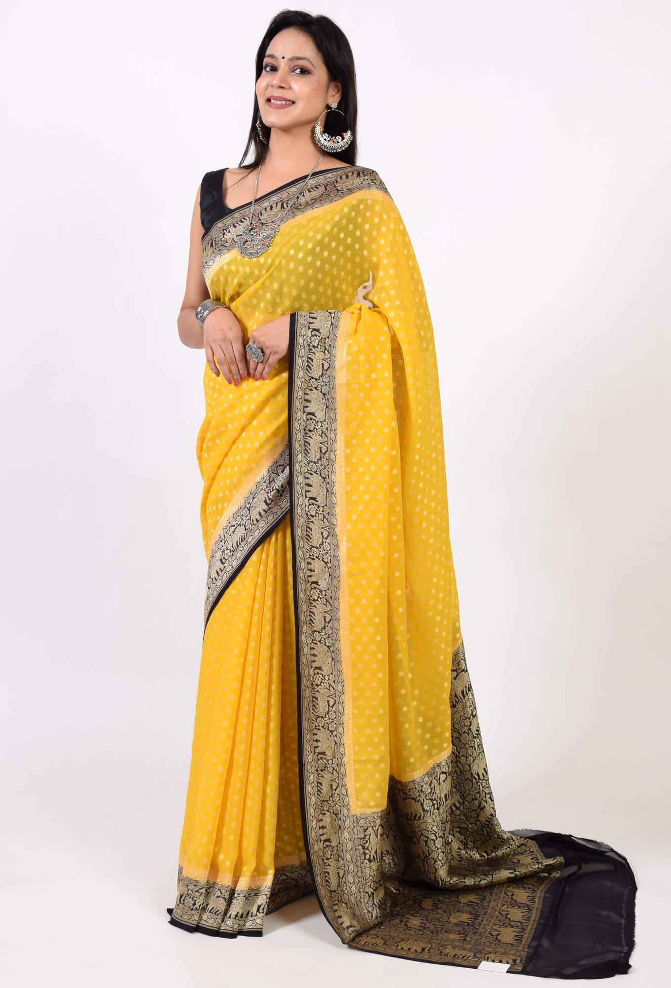 Greenish Yellow &Black Pure Khaddi Georgette Silk Banarasi Handloom Saree Fabric