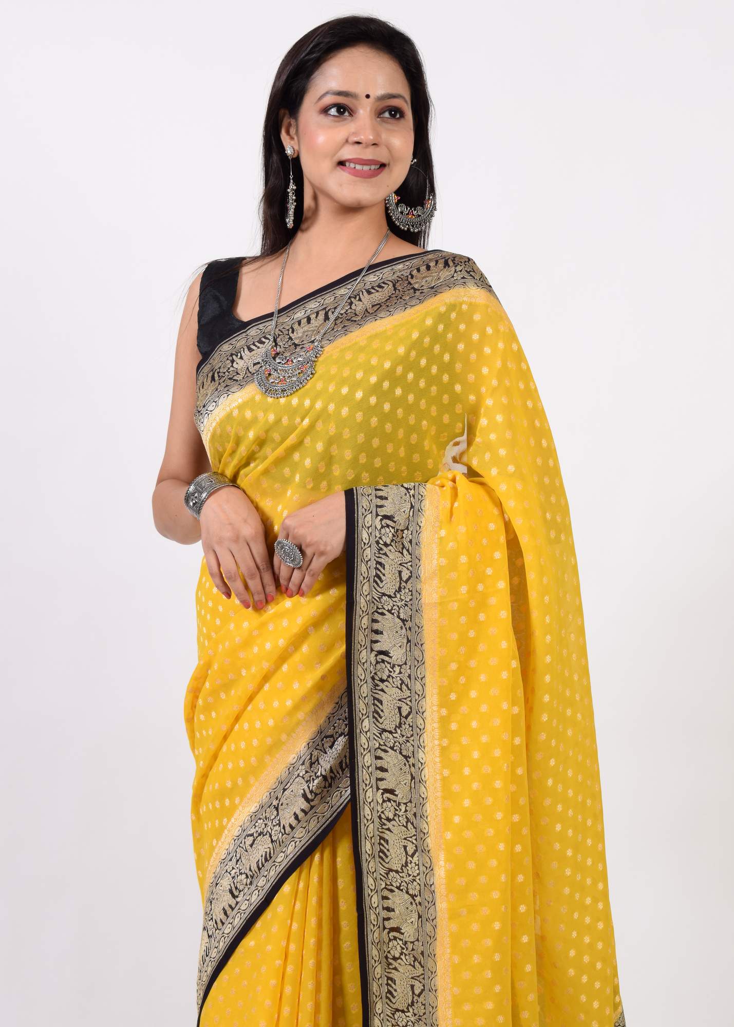 Greenish Yellow &Black Pure Khaddi Georgette Silk Banarasi Handloom Saree Fabric