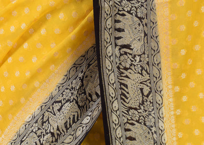 Greenish Yellow &Black Pure Khaddi Georgette Silk Banarasi Handloom Saree Fabric
