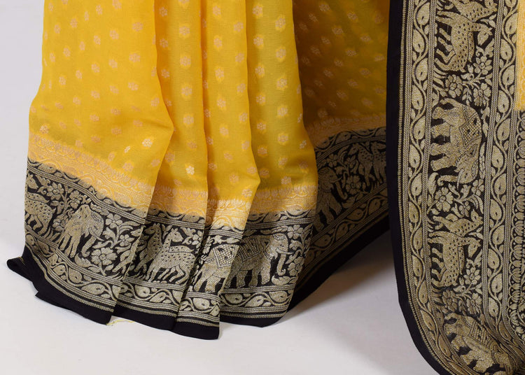 Greenish Yellow &Black Pure Khaddi Georgette Silk Banarasi Handloom Saree Fabric