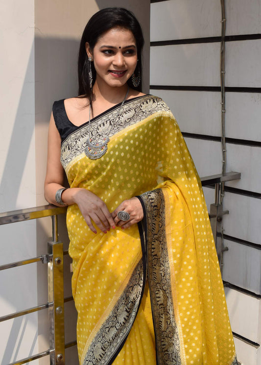 Greenish Yellow &Black Pure Khaddi Georgette Silk Banarasi Handloom Saree Fabric
