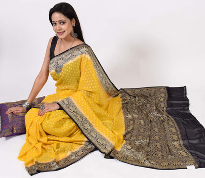 Greenish Yellow &Black Pure Khaddi Georgette Silk Banarasi Handloom Saree Fabric
