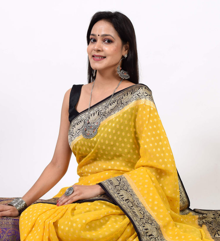 Greenish Yellow &Black Pure Khaddi Georgette Silk Banarasi Handloom Saree Fabric