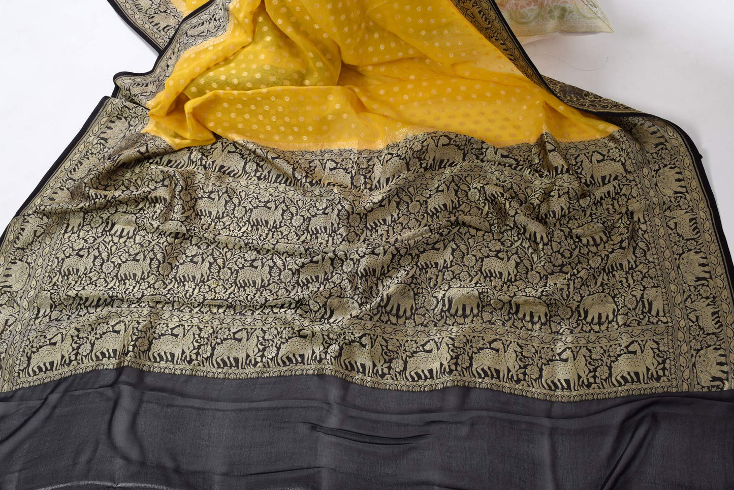 Greenish Yellow &Black Pure Khaddi Georgette Silk Banarasi Handloom Saree Fabric