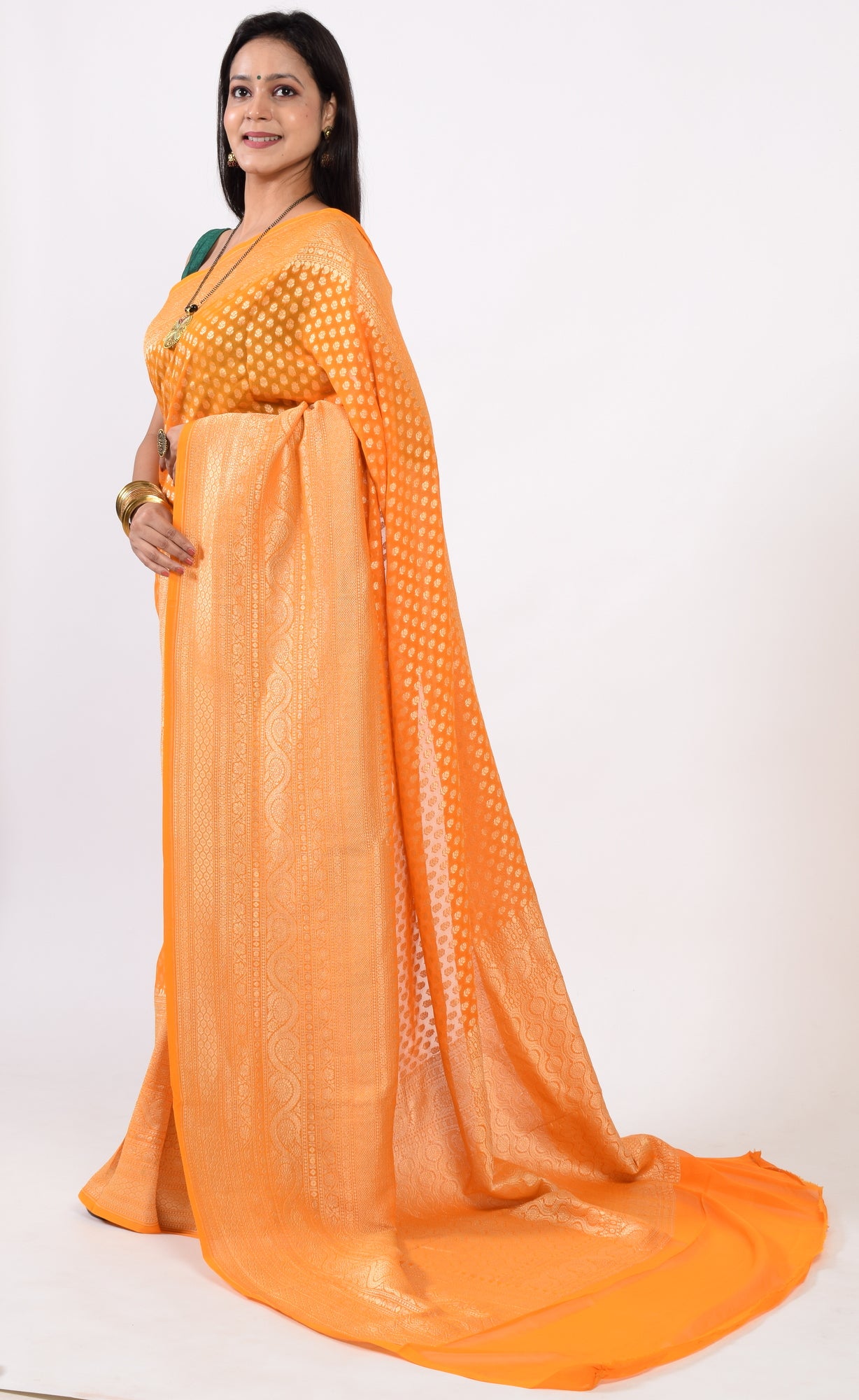 Orangish Pure Khaddi Georgette Silk Banarasi Handloom Skirt Border Saree Woven