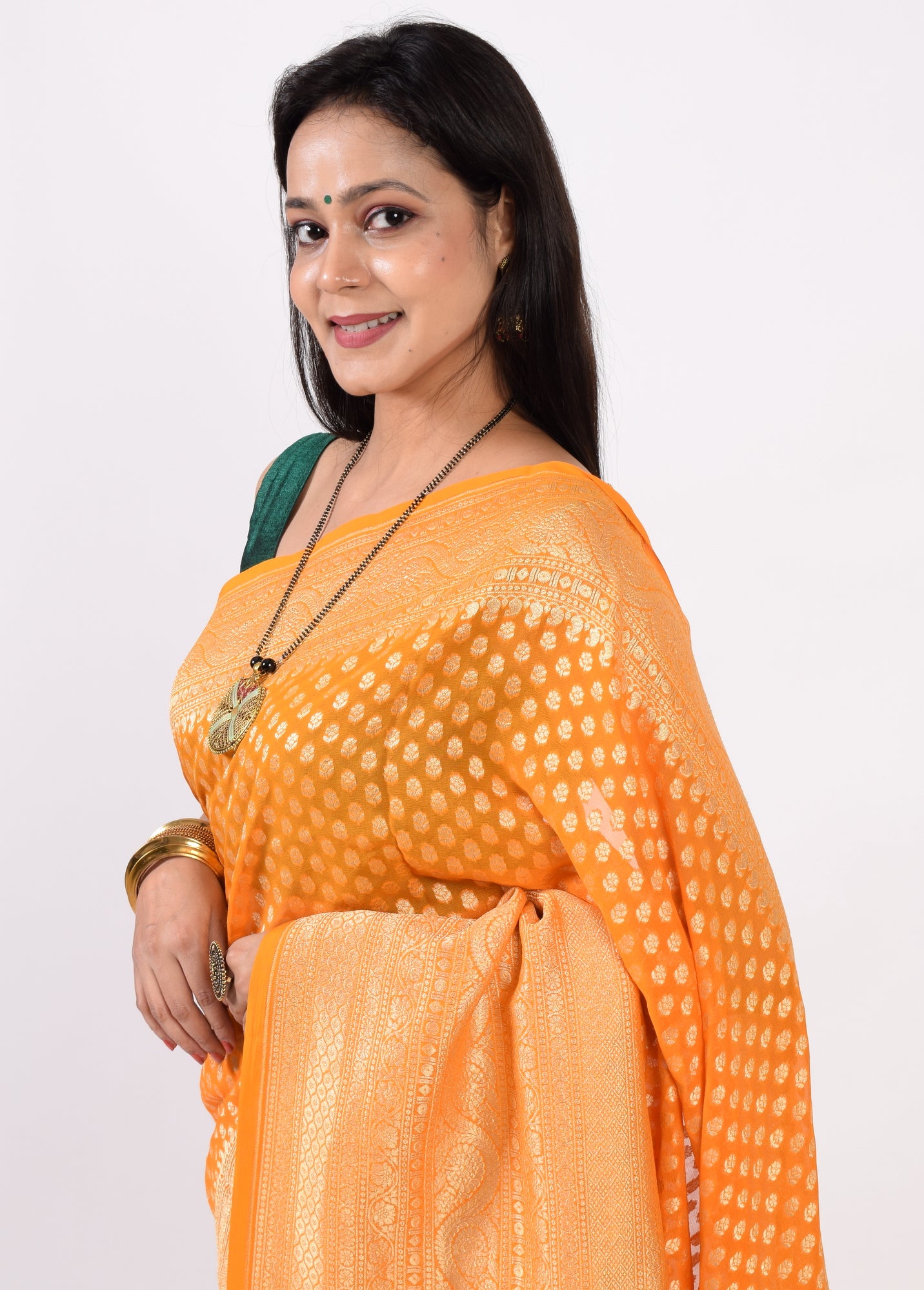 Orangish Pure Khaddi Georgette Silk Banarasi Handloom Skirt Border Saree Woven