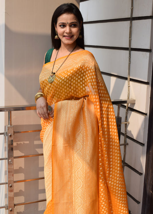 Orangish Pure Khaddi Georgette Silk Banarasi Handloom Skirt Border Saree Woven