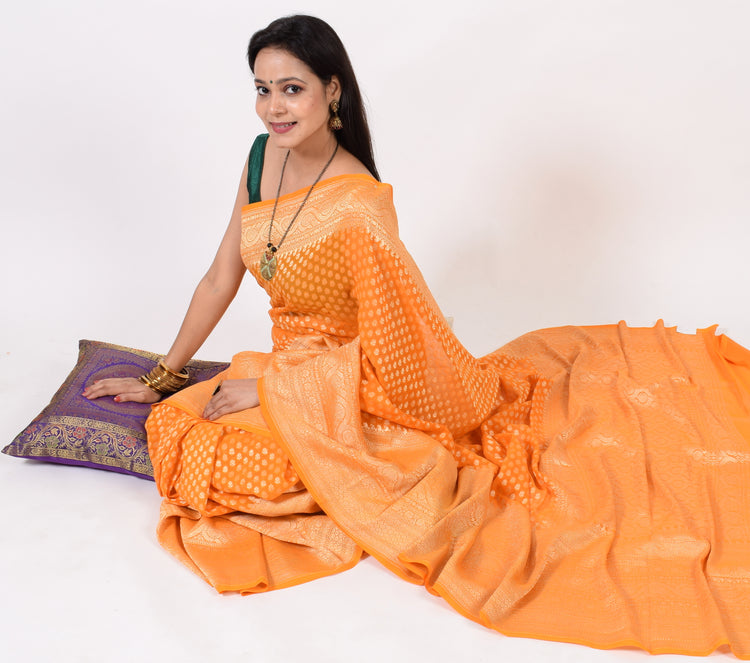 Orangish Pure Khaddi Georgette Silk Banarasi Handloom Skirt Border Saree Woven