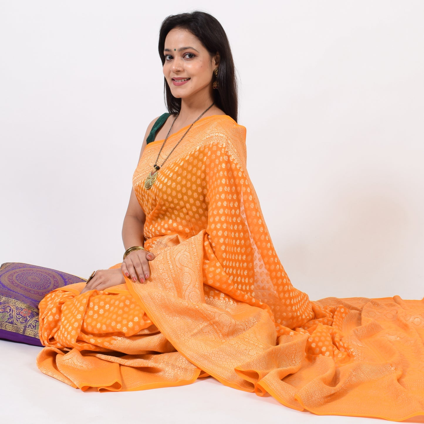 Orangish Pure Khaddi Georgette Silk Banarasi Handloom Skirt Border Saree Woven