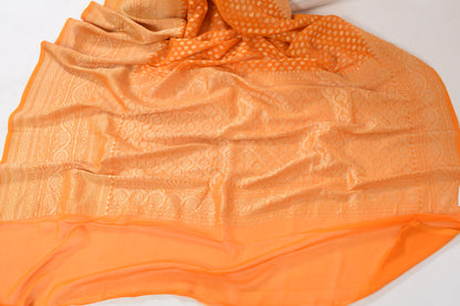 Orangish Pure Khaddi Georgette Silk Banarasi Handloom Skirt Border Saree Woven