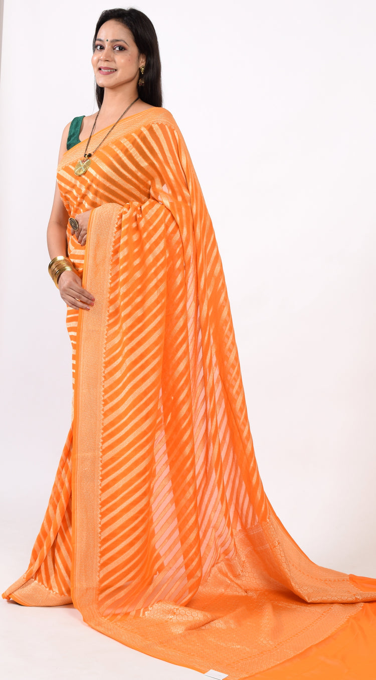 Orange Pure Khaddi Georgette Silk Banarasi Handloom Zari Woven Stripes Saree