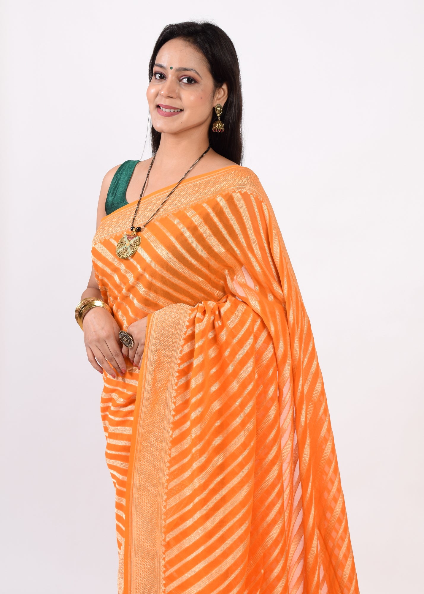 Orange Pure Khaddi Georgette Silk Banarasi Handloom Zari Woven Stripes Saree