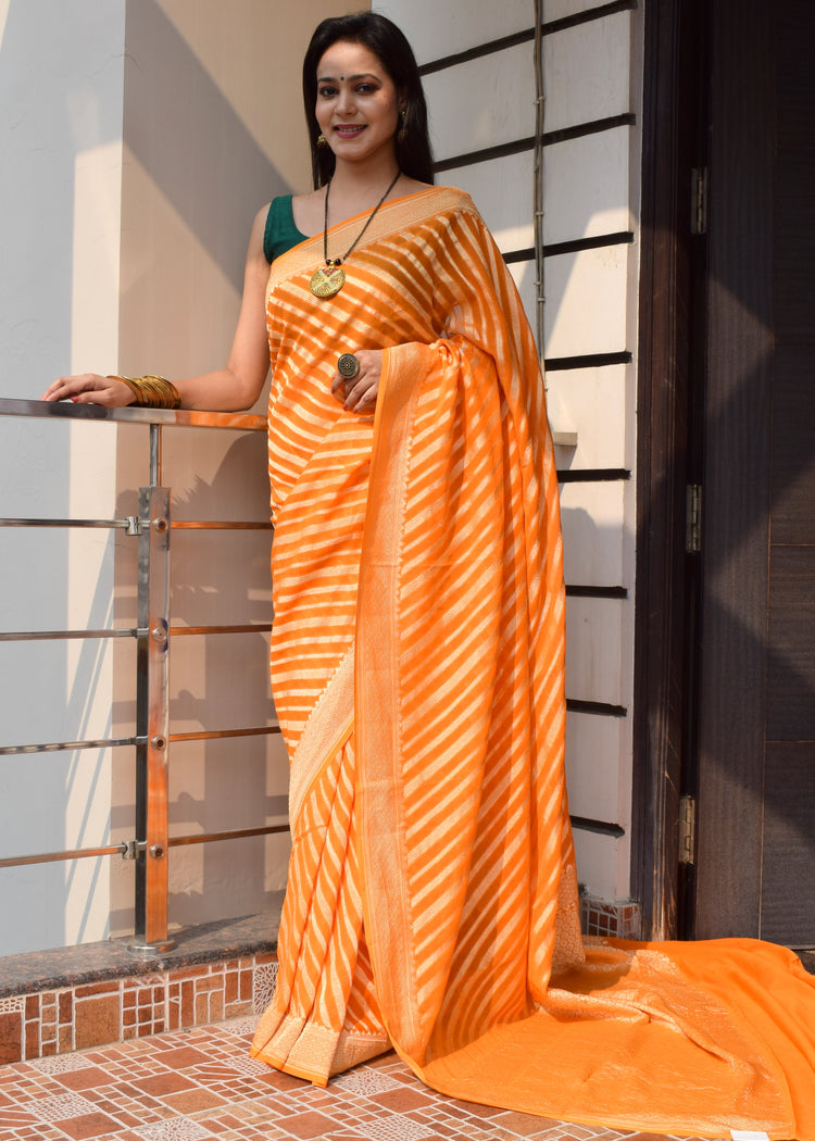 Orange Pure Khaddi Georgette Silk Banarasi Handloom Zari Woven Stripes Saree