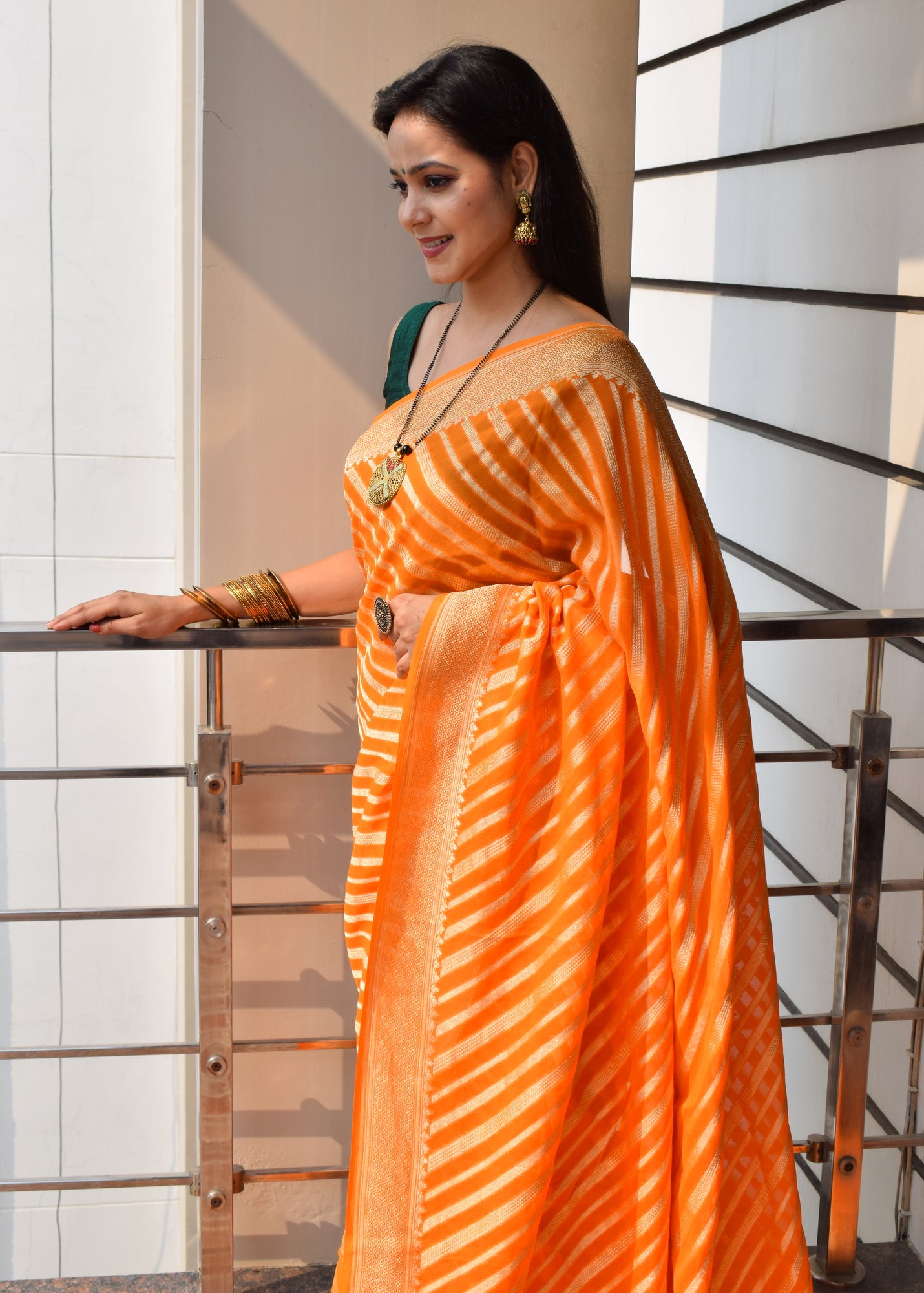 Orange Pure Khaddi Georgette Silk Banarasi Handloom Zari Woven Stripes Saree