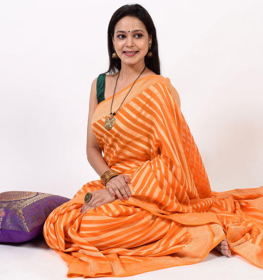 Orange Pure Khaddi Georgette Silk Banarasi Handloom Zari Woven Stripes Saree