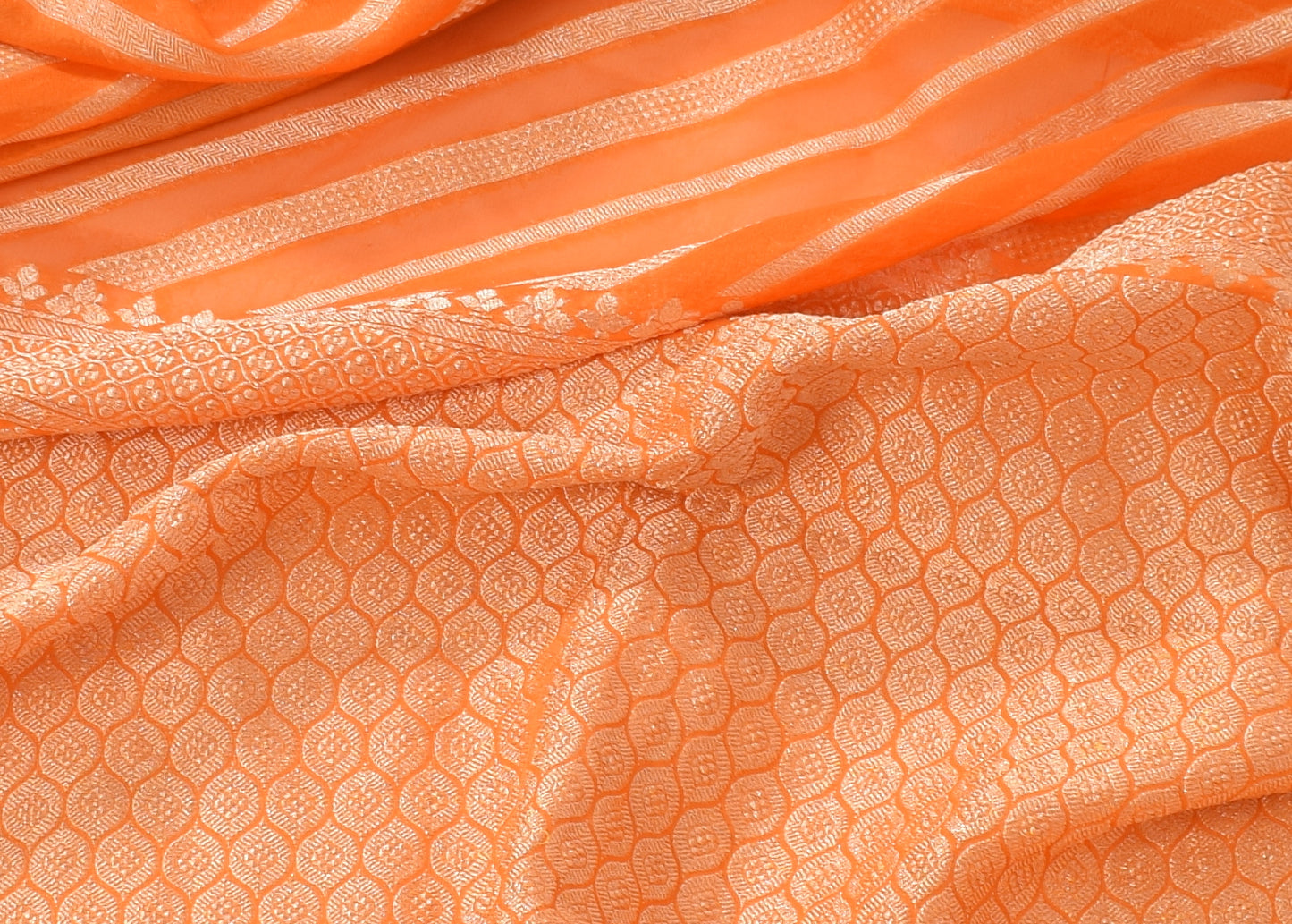 Orange Pure Khaddi Georgette Silk Banarasi Handloom Zari Woven Stripes Saree
